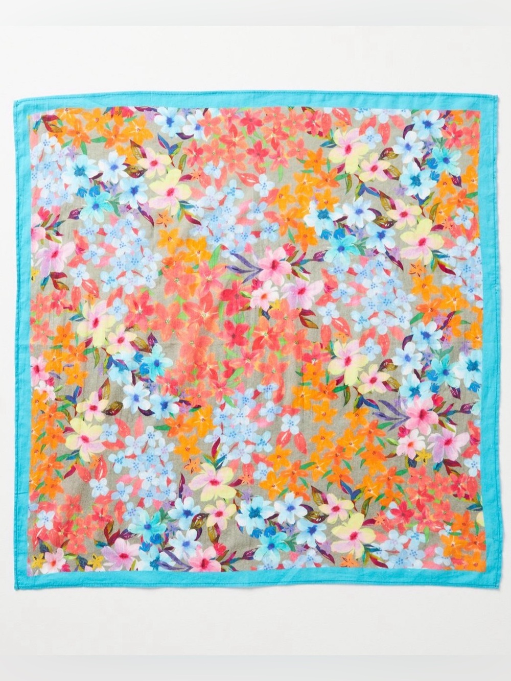NWT Anthropologie Cotton Turquoise-Edge Multi-Colored Floral Bandana Scarf - Picture 2 of 7